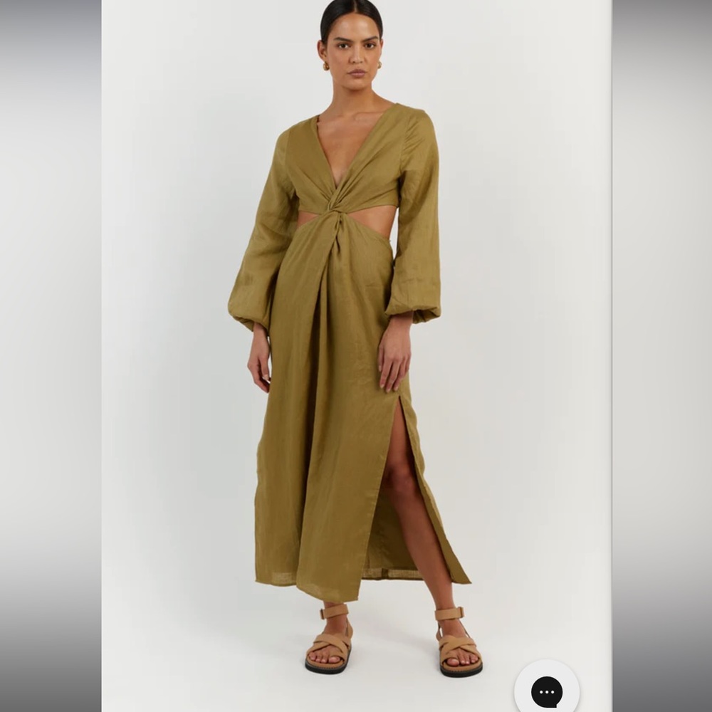 DISSH TINA OLIVE LINEN TWIST MIDI DRESS